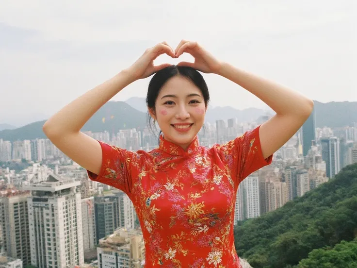 A Hong Kong woman is wearing a national costume and taking a commemorative photo with the Hong Kong cityscape in the background　Im making a heart with my hands on my head