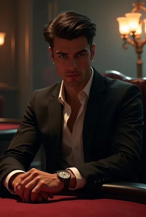 A young man of 30 years old with a serious, slightly malevolent look that shows power, sitting in a dark casino