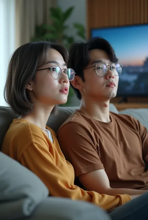  Photo of young couple sitting in living room. Korean woman wearing glasses .short hair guy style. Womens hair colordark gray mix dark brown.  Korean man wearing brown t-shirt .  neat hair . wearing glasses.  Sitting together watching television  