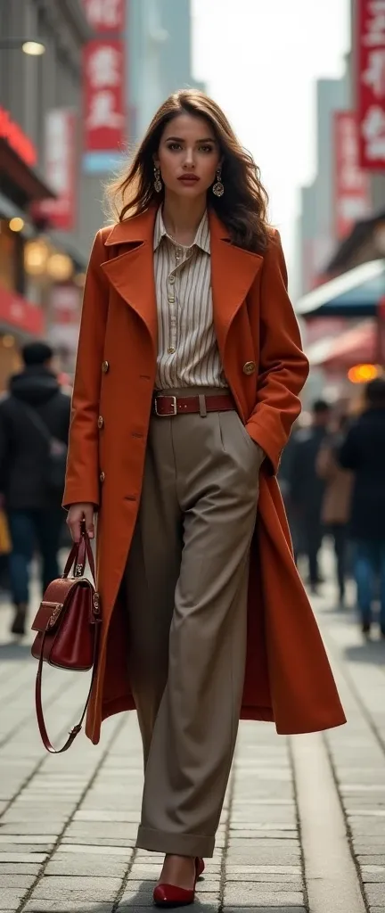 Character： A beautiful and stylish woman ， She has a charming face and a confident demeanor。
clothing：穿着时尚的clothing， probably a popular seasonal style ，Pair it with sophisticated accessories。
street background： The background is a bustling street ，There wa...