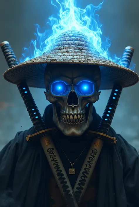 Skull with three katanas imbued with blue flames with straw hat written Los Magnatas 