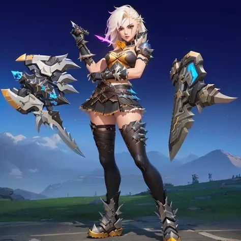 a woman in a short skirt holding two swords and a sword, obsidians skin, tanny skin, spiky skin, skin spikes, tane skin, bronze skin, pitch black skin, platinum skin, warrior outfit, arcane jinx, gear aurora, style of kieran yanner, ashe, overwatch skin, s...