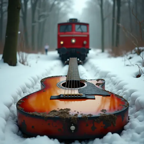 Straight into the camera. This is a creative and surreal photo manipulation that combines two separate elements into one striking image: a vintage red train (clearly visible) and an acoustic guitar. The image is composed in such a way that the neck of the ...