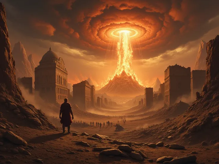 A dramatic and apocalyptic depiction of the fall of Sodom and Gomorrah, showcasing a dark sky filled with fire and brimstone raining down upon ancient cities. The cities are in ruins, with buildings collapsing, people fleeing in terror, and a fiery glow en...