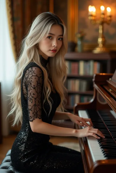 A perfect Korean woman with long light pearl blond hair,  dark brown eyes, wearing a roundish black sequin dress playing an antique piano in a luxurious home 