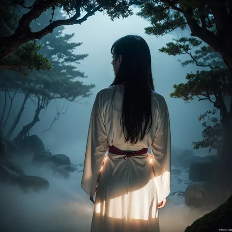 ④  
"Create a depiction of a Japanese ghost reimagined as a horrifying and ethereal figure that embodies fear and sorrow. Her appearance is *hauntingly beautiful*, with pale, almost translucent skin that reflects the moonlight, creating an otherworldly glo...