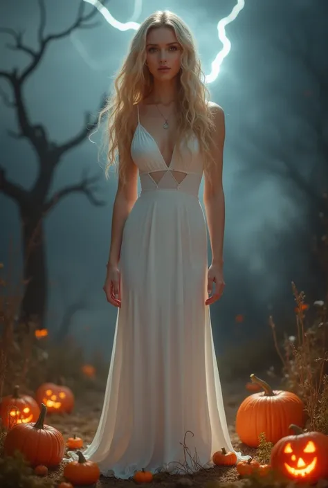  blond wavy hair , 18 years old,  girl, 1,60 m tall,  nice butt , round butt,  big breasts ,  white tight long dress ,  multiple views , heisse Pose, Full body portrait, with Halloween background , Ghosts, pumpkins, Thunderstorm,  realistic 