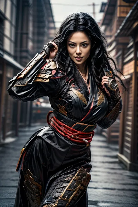  a sexy mature female character wearing armor as a Assassin from the sengoku period 、((mature Assassin female with a sharp Japanese sword:1.3, Fight:1.2)), beautiful and aesthetic, cute and sexy beauty, perfect style:1.2,((ties up long black hair hair:1.5)...