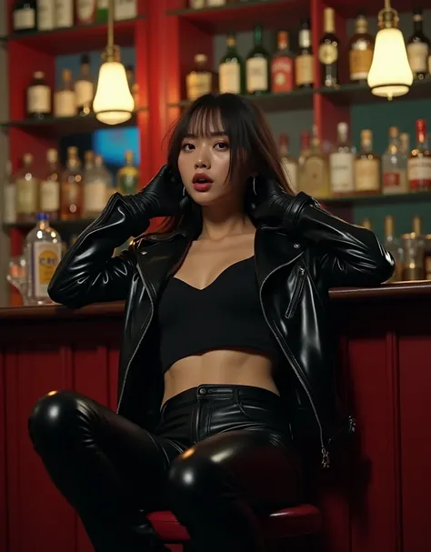 obra prima, melhor qualidade, ((((a 15-year-old korean girl is laying on a barstool arching far backward over the bar counter,)))) ((((dark-skinned, super anorexic, mouth agape, orgasm face, wearing shiny wetlook metallic black lipstick, super heavy exotic...