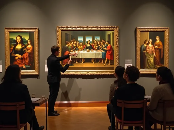 An art class with a teacher is teaching. On the wall, there are 10 huge  pictures drawn by  Leonardo Da Vinci ( this is important, so please make its right) such as Mona Lisa, Last Supper, The Virgin and  with Saint Anne