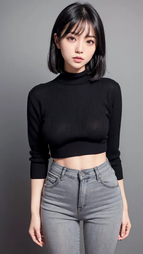 Woman. (Sweater) (Black skinny jeans.) (Low waist) (Bangs, Black hair) (Cool) (Baby face) (Japanese) (Sensual, Plain gray background, Sharp retouching, Detailed retouching, Realistic, Natural finish) (Looking at camera. Small breasts. Standing) No exposure