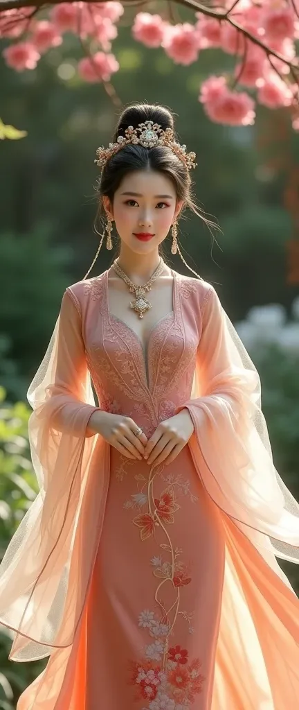  A Tang dynasty princess strolled through the palace garden 。She has a beautiful face， skin beats snow ， under her curved eyebrows ， The finger ring is brilliant 。 and the golden pearls sway with gentle ， in a gorgeous silk dress 。 The jewel necklace betwe...