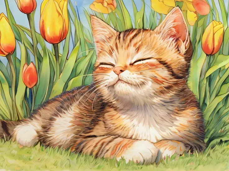 A contented orange tabby kitten sits among blooming tulips, eyes closed and face lifted towards the sky, as if savoring the warmth of the sun. The tulips in shades of yellow and red add vibrant splashes of color to the lush green grass. A delicate butterfl...