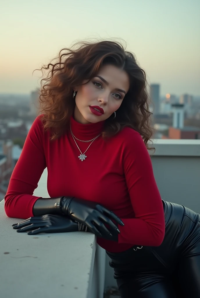 A beautiful, sexy Russian girl, bright skin, curly hair, wearing a red tight turtleneck blouse, her nipples bulging out, skinny tight black leather leggings, high heel leather boots, necklace, red matte lipstick, latex gloves, flirting on the roof of the s...