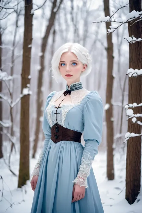 A girl with very cut short white hair, wide blue eyes, and beautiful, soft feminine features. She is wearing a beautiful Victorian dress and standing in the middle of a snow-covered forest.

