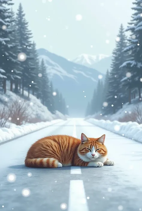 Realistic image of 、Circle々 and a fat brown and white cat lying down in the middle of the road in a heavy snowy landscape in the Tohoku region of Japan