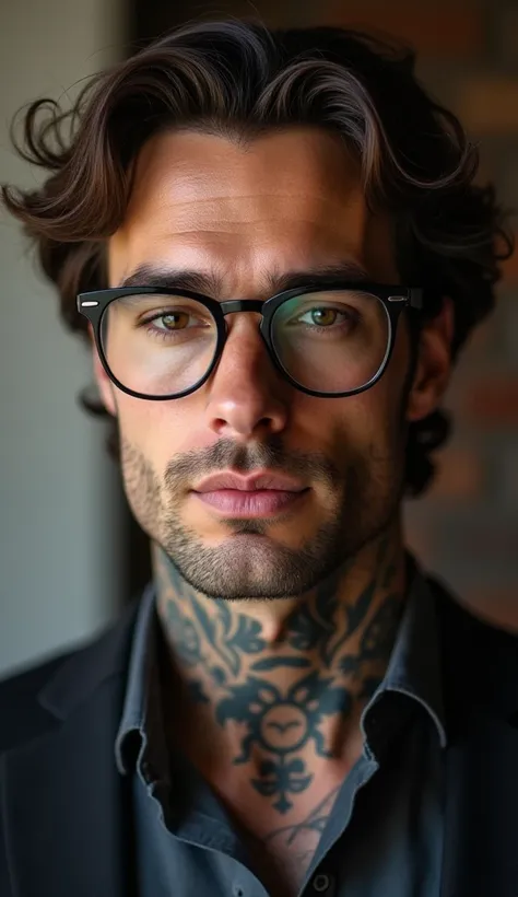 A 35-year-old male millionaire , tattooed, high 1.87,  wavy hair, beautiful, with glasses,  perfect lips, muscular,  with the perfect nose and full body wearing ELEGANT clothes Dark brown eyes,
