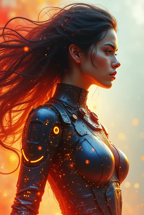 A hyper-realistic digital portrait of a fierce and enchanting female space warrior. The subjects hair flows like an ethereal dance around her, radiating elegance and sophistication. This breathtaking creation blends the magic of watercolor, and graffiti, r...