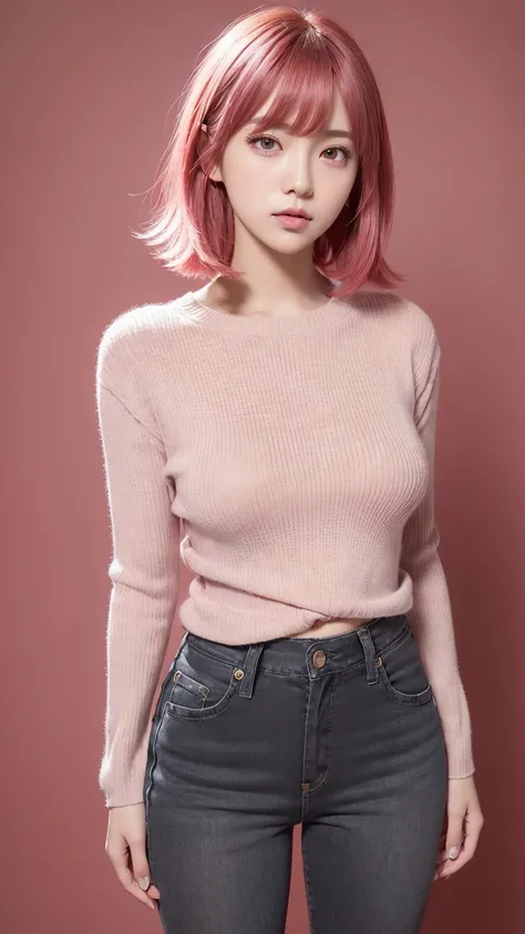 Female. (Red sweater) (Black skinny jeans) (Low waist) (Bangs, Pink hair) (Cool) (Baby face) (Japanese) (Sensual, Plain gray background, Sharp retouching, Detailed retouching, Realistic, Natural finish) (Looking at camera. Small breasts. Standing) No expos...