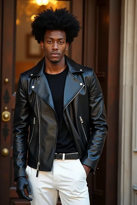 Make the person in the picture a man with a short kind of curly Afro , confidently standing in front of an ornate door that leads to an upscale exotic hotel. He’s dressed in a sleek black leather jacket that exudes a sense of edgy sophistication, paired wi...