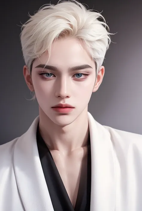 chico,    Short white hair ,  Blue eyes,   serious sharp features,   PIEL BLANCA  ,  thick,   shiny lips  ,  elegant, camisa blanca,  black fabric jacket , albino, ulzzang, Korean 