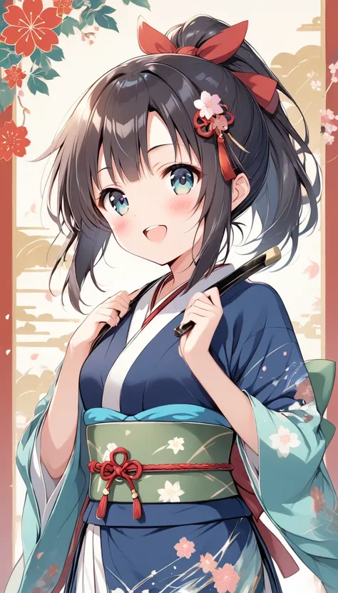 Vector art、 one girl、 Warring States period、Japanese style background、 cute smile、Ninja、sakurafubuki、( petite girl:1.4)、Front teeth、(blush) normal breasts、 ponytail