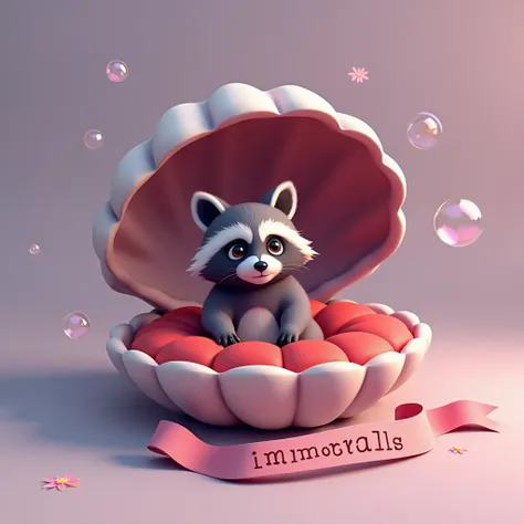  Create an isologue of a raccoon in an open shell .  the background of the image is solid .  The character is in close ,  with a well-defined appearance . Image in 3D illustration and animation style.  The shell has a gradient color from pink to purple .  ...