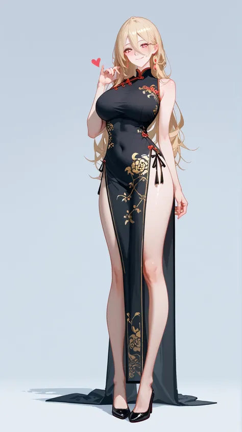 1 Girl,  unique ,  HD, Accurate,  long hair, blond,  hair between eyes,  Big Breasts ,  blush,  has a seductive smile, heart in eye,  Wearing cheongsam， Full Body Photo ， long legs，Black Silk：1.5， format