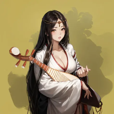 masterpiece, best quality, ultra-detailed, high resolution, detailed sexy lady, 20yo, brown eyes, ancient Japanese costume, large breasts, open neckline, sleepy-eyed, parted lips, medium skin, (nsfw:1.2), play the biwa, side lighting