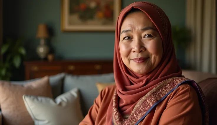 an old, plump, sexy Indonesian mother wearing a hijab in a living room