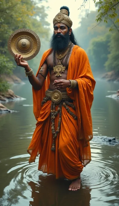 A hundu king with otange robes and crown with waring jewellery named indradyumuna taking the small metal like gem that is with a thick circular disk as chakra which is floating the river