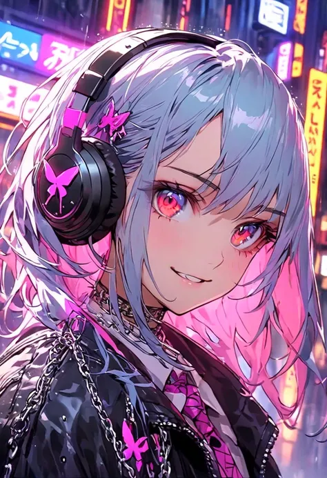 A highly detailed portrait of a girl standing on a rainy street corner with a neon cyberpunk background. She wears punk clothes with silver chains, a butterfly-wing hairpin in her neatly styled short blue hair, headphones, and a tie. Her glowing red eyes a...