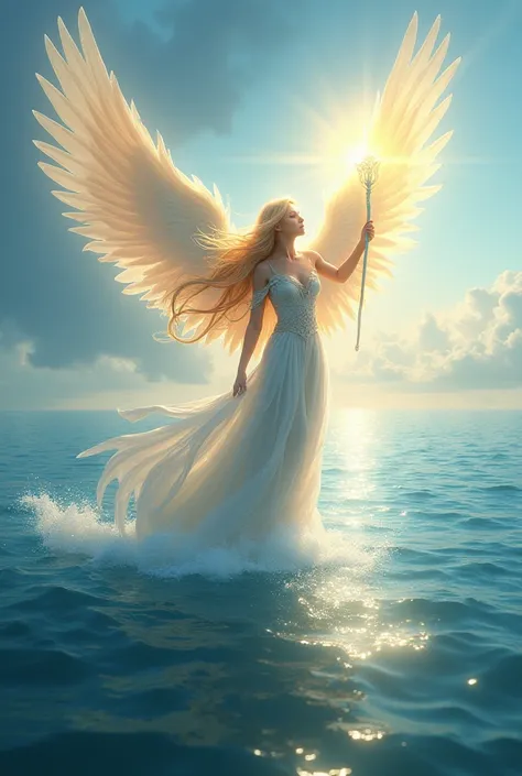 A beautiful blond angel with a blue scepter , at sea