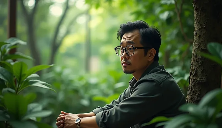 I get a middle-aged Asian man with glasses sitting next to the image in the right corner in a square rich in nature with a sad face