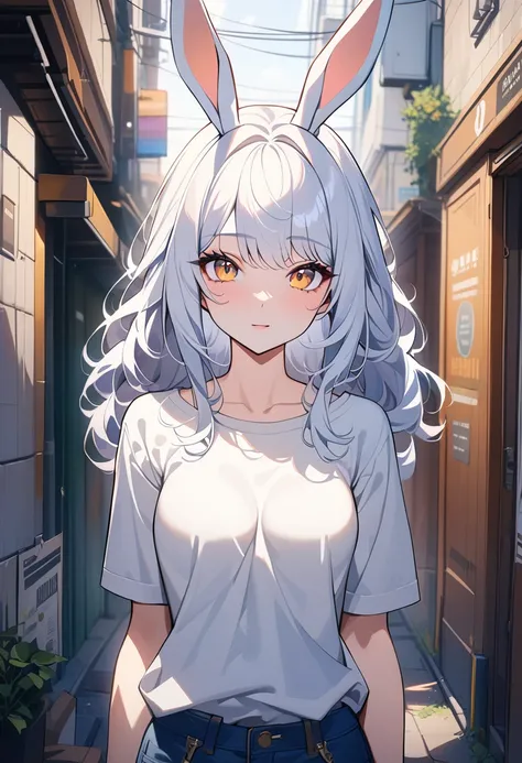 1girl, masterpiece, high quality, highly detailed, best quality, anime style, vibrant colors, (rabbit girl:1.2), (tall:1.2), (white rabbit ears:1.3), (white rabbit hair:1.3), (golden eyes:1.3), (medium breasts:1.2), (gentle expression:1.3), (intelligent ga...