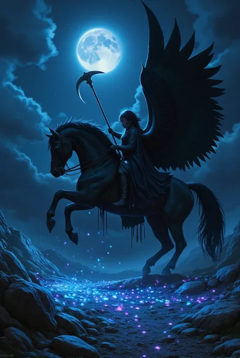 Death angel riding a black horse with gems all over the ground shining bright night and moon dark blue clouds