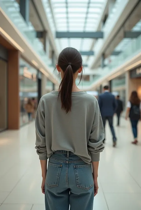 8k, realistic 、 Hyperrealistic 、The location is a large shopping mall 、 The main character is a beautiful  French girl wearing a loose gray long sleeve crew neck t-shirt、Im wearing jeans、BRUNETTE SHORT PONYTAIL 、 flat chest、Look straight back、 standing wit...