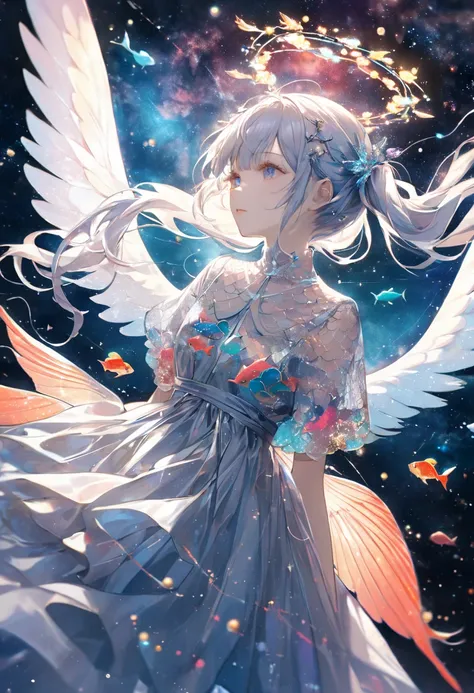 (masterpiece, best quality),(Double Exposure),a beautiful angel with twin fishes,detailed face,(She has white twintail hair that flows in the wind, wears a dress with a glittering fish scale pattern). She has wings like fish fins,and angel halo, two fish s...