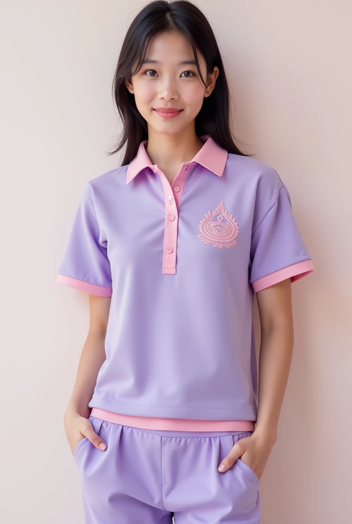 Pastel purple polo shirt, trimmed with pink, with a little Thai flair.