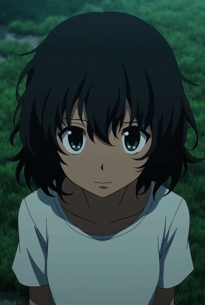 Anime scene from The Promise Neverland featuring a dark-skinned girl wearing a white shirt, with shoulder-length curly black hair and black eyes. She has a very serious expression in a half-body photo with a grassy background.