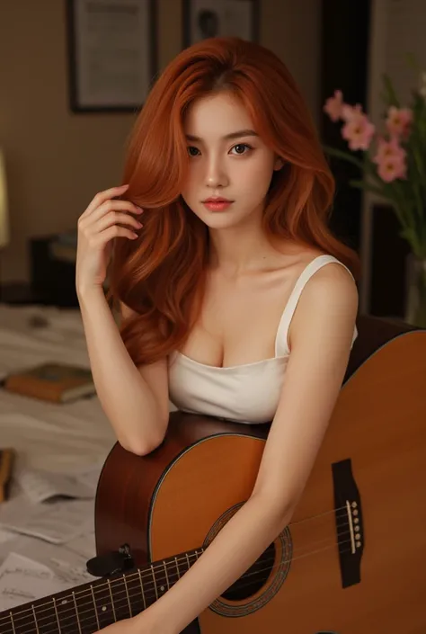 Pretty 20 year old girl with long copper red hair in her room with a guitar 