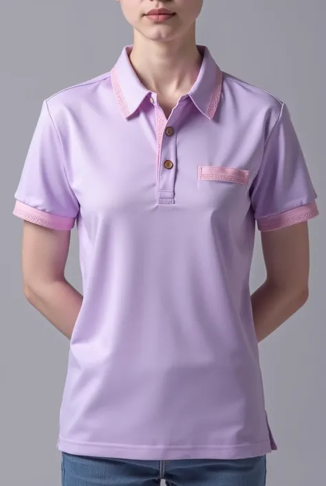 Pastel purple polo shirt, trimmed with pink, with a slight Thai touch. 6 shirt samples both front and back.