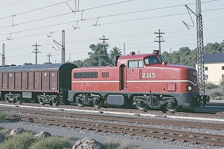 realistic, 60s style powerful locomotive travelling through an orange rocky desert, avant garde design locomotive, telegraph poles near tracks, (((very long slender thin electric locomotive))),  pantograph, catenary wires overhead, clear blue sky, (many wh...