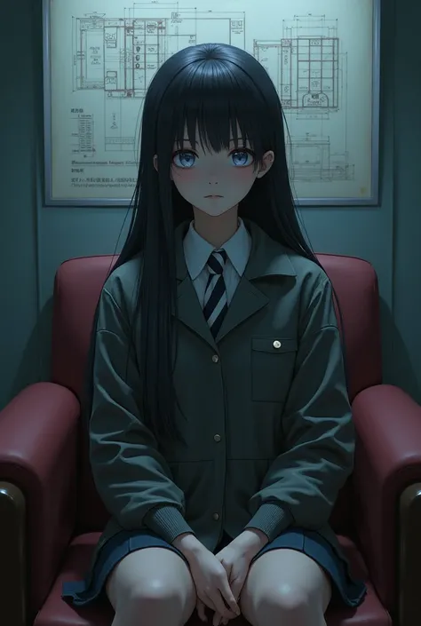 (high quality), 1girl, young girl, long dark hair, prisoner, prison uniform, jacket, sitting, prison background, blueprint, (comfortable expressions, detailed eyes, facing at front)