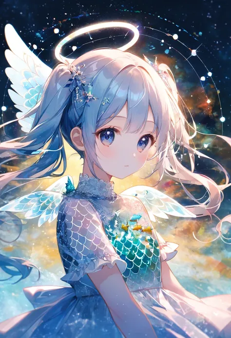 score_9, score_8_up, score_7_up, score_6_up, score_5_up, score_4_up,(Double Exposure),a beautiful angel with twin fishes,detailed face,(She has white twintail hair, wears a dress with a glittering fish scale pattern). (She has wings like fish fins,and ange...