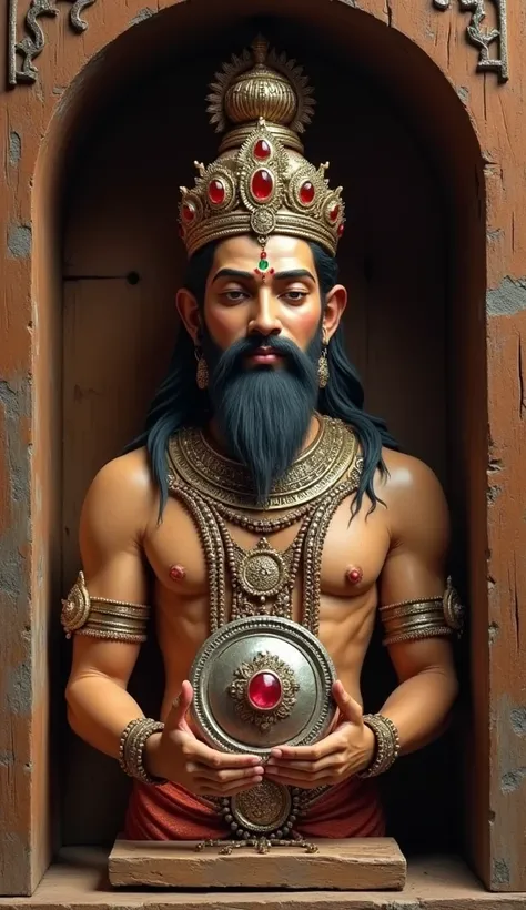 The hindu king with crown and wearing jewellery and ornamental mark is placing that metal like gem that is with a thick circular disk as chakra in the small chamber created inside wodden box which is idol shape 