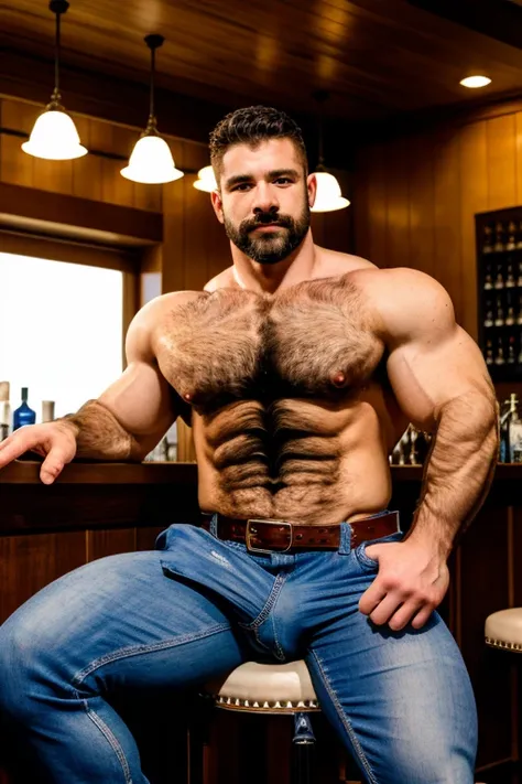 Realistic hombre blanco handsome, bearded and muscular man, very handsome and manly, intricate, elegant, Sharp focus,  soft lighting, masterpiece, in a bar, sitting on barstool, sexy, Whole body, blue jeans ,big bulge , elegant sexy hot, thick belt with st...