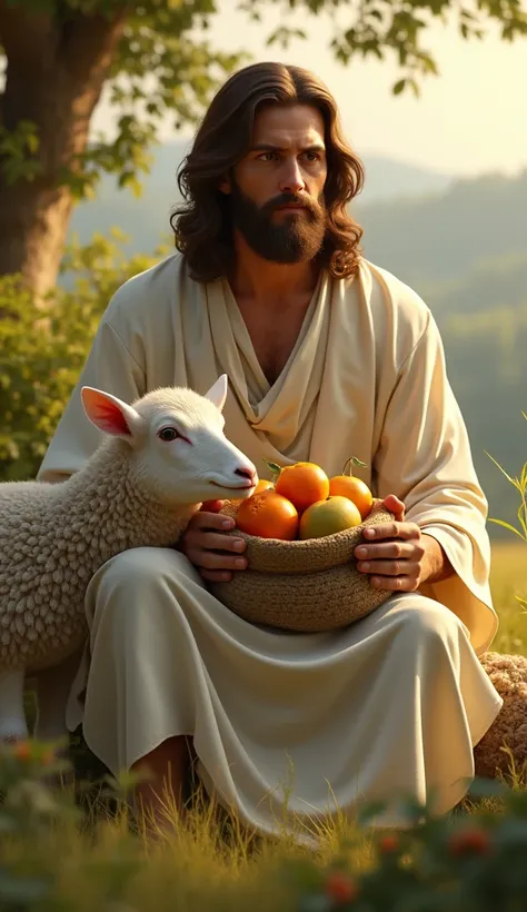  Jesus sitting with a bag of fruit, And a sheep on the side 