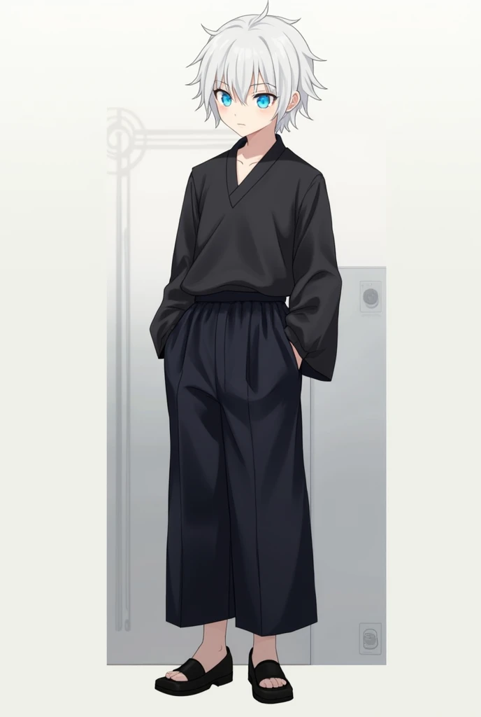 Create an anime character with half-spiked white hair and blue eyes wearing a black shirt and Japanese pants with black shoes.