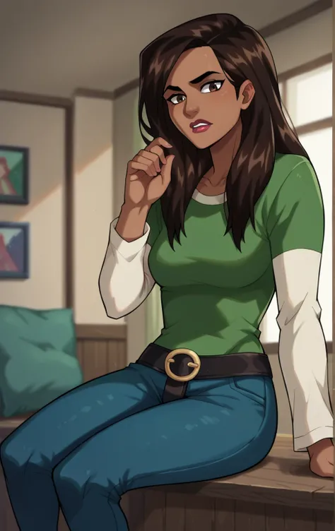 score_9,score_8_up,score_7_up BREAK WhiteTigerMarlo,1girl,solo,long hair,brown hair,green shirt,brown eyes,belt,dark skin,dark-skinned female,lipstick,layered sleeves,short over long sleeves,cowboy shot,room,room background,sitting, blue pants